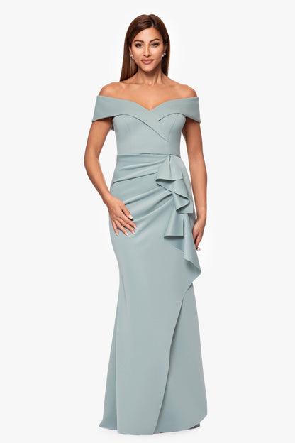XSCAPE Sage | Petite "Patti" Techno Scuba Off The Shoulder Dress