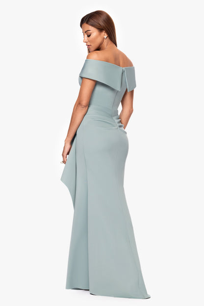 XSCAPE Sage | Petite "Patti" Techno Scuba Off The Shoulder Dress